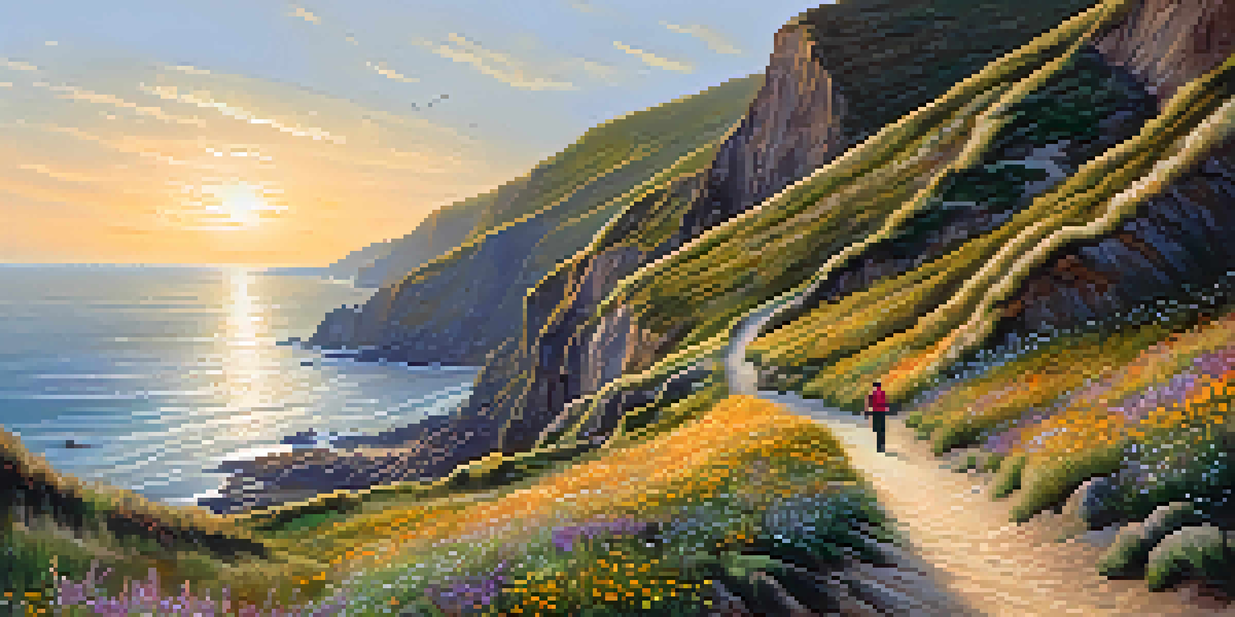A couple walking along a coastal path with wildflowers at sunset, leading to a hidden beach.