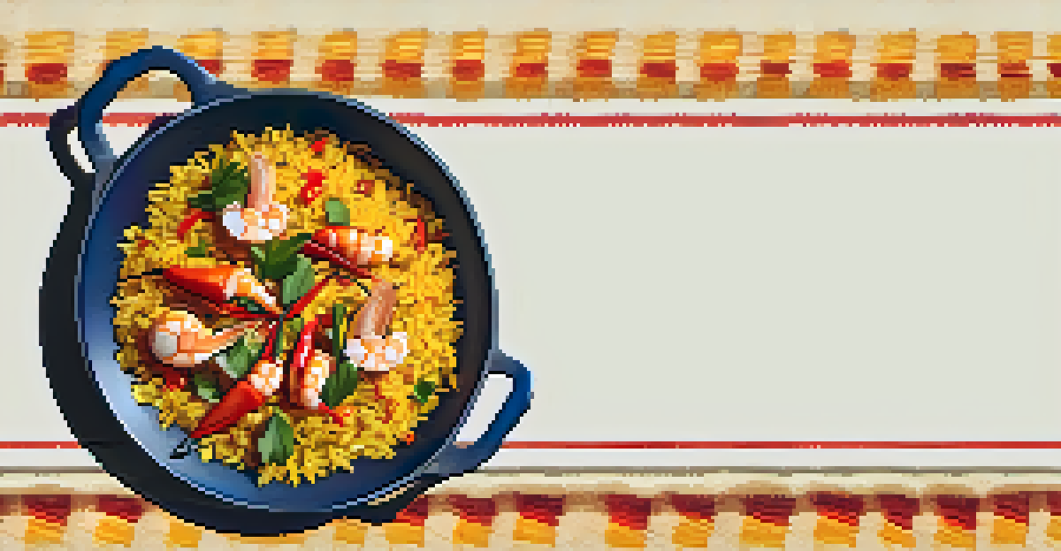 A close-up of a colorful paella dish with chili peppers, seafood, and vegetables in a traditional paella pan.
