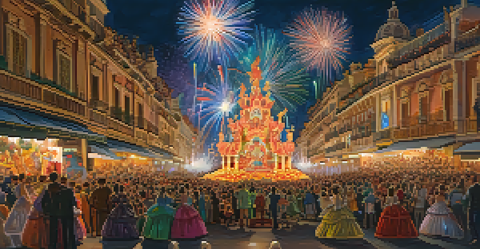 A nighttime view of the Las Fallas festival with colorful fireworks illuminating the sky and traditional Valencian participants celebrating in ornate dresses.