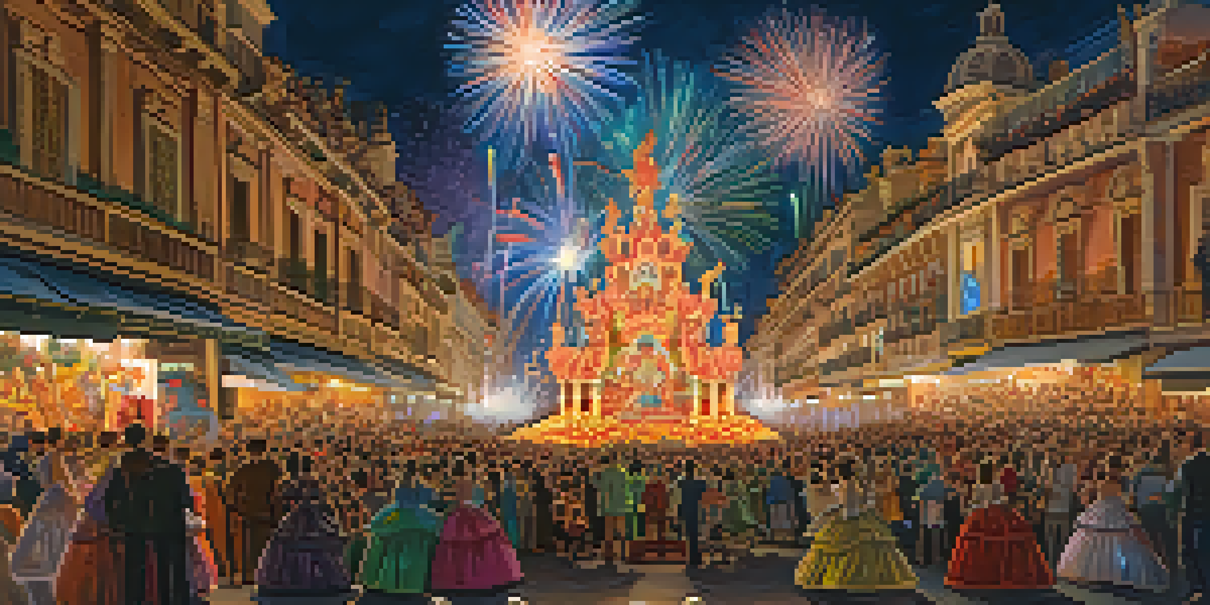 A nighttime view of the Las Fallas festival with colorful fireworks illuminating the sky and traditional Valencian participants celebrating in ornate dresses.