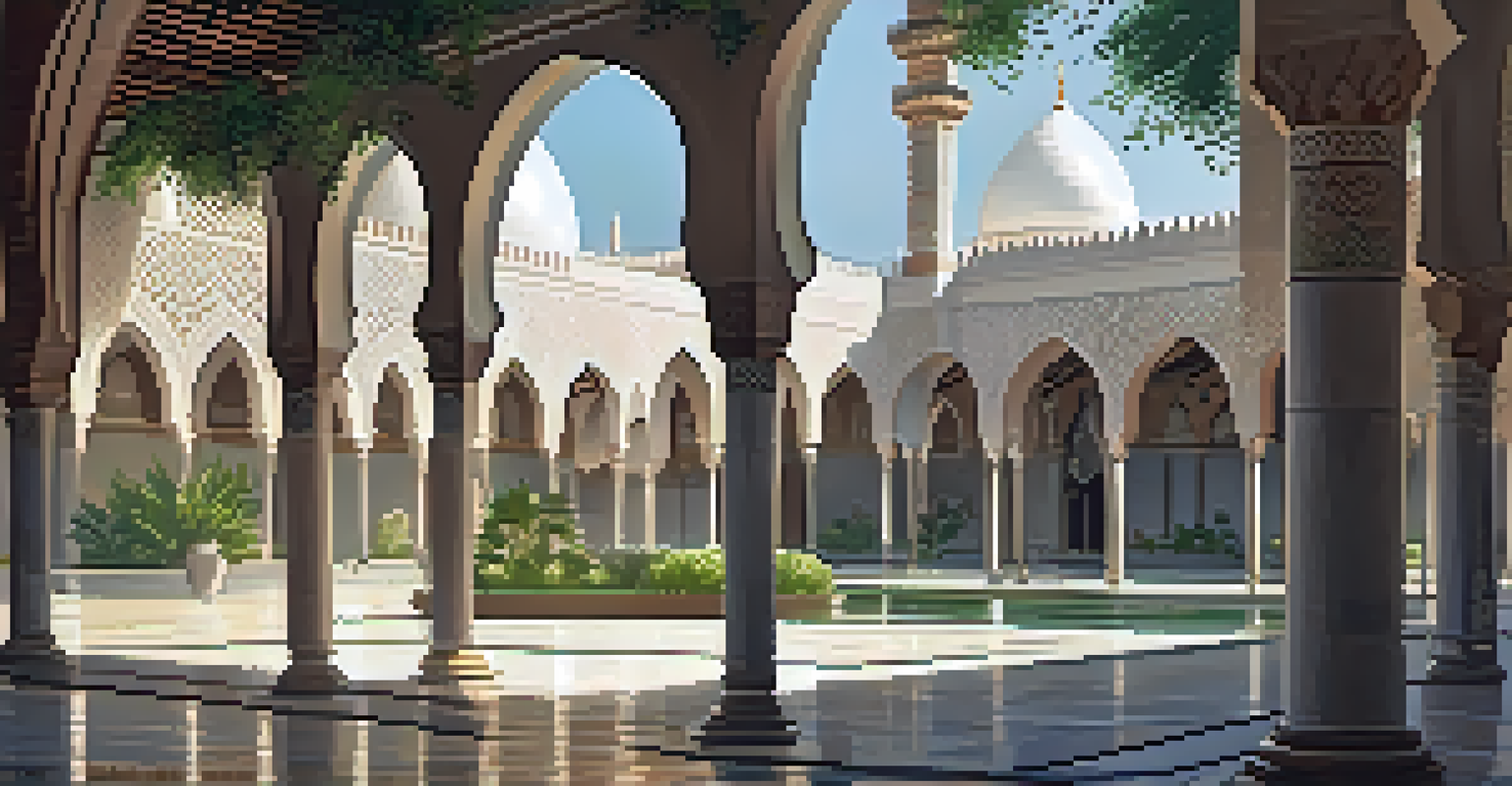 Artistic view of the Mosque of Albayzín, showcasing its arches and detailed tilework with soft lighting and surrounding greenery.