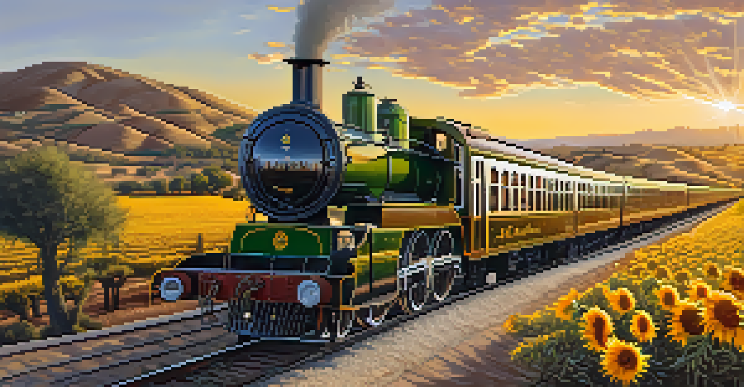 The Al Andalus train passing through olive groves and sunflower fields in Andalusia, with a sunset backdrop.