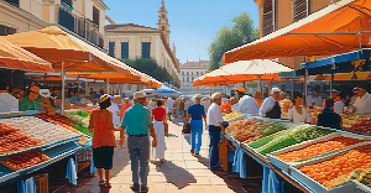 A vibrant seafood market scene in Seville's Mercado de Triana with vendors and customers.