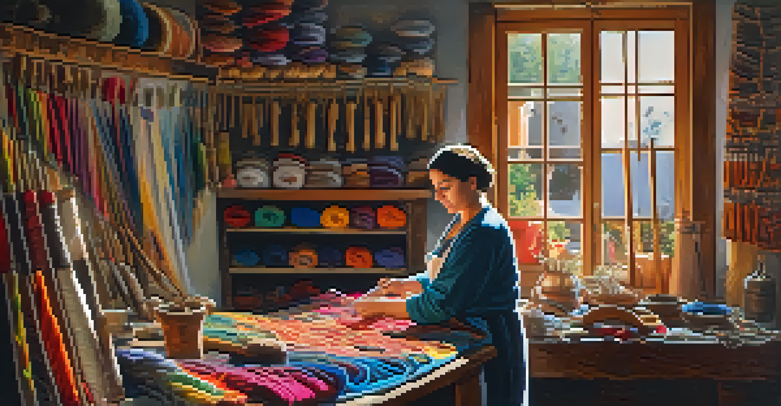 An artisan working on embroidery in a traditional Spanish workshop, surrounded by colorful threads and fabrics.