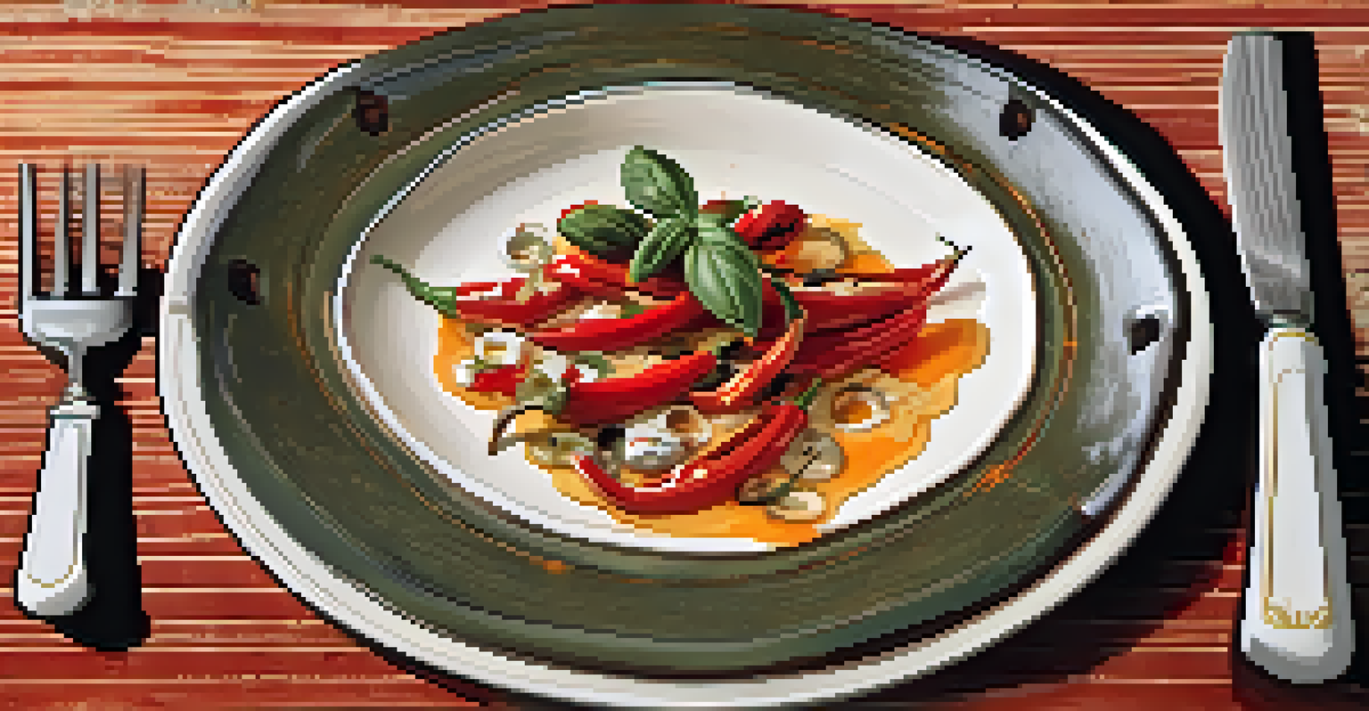 An elegantly arranged tapas plate with roasted peppers, cheese, and anchovies, garnished with herbs.
