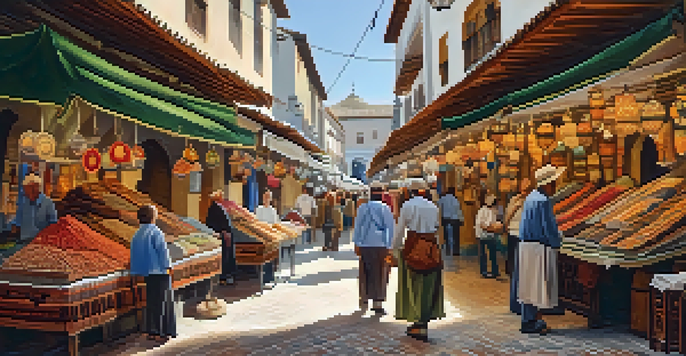 A vibrant market scene in Granada's Alcaicería, showcasing colorful stalls and Moorish architecture filled with shoppers and artisans under warm sunlight.