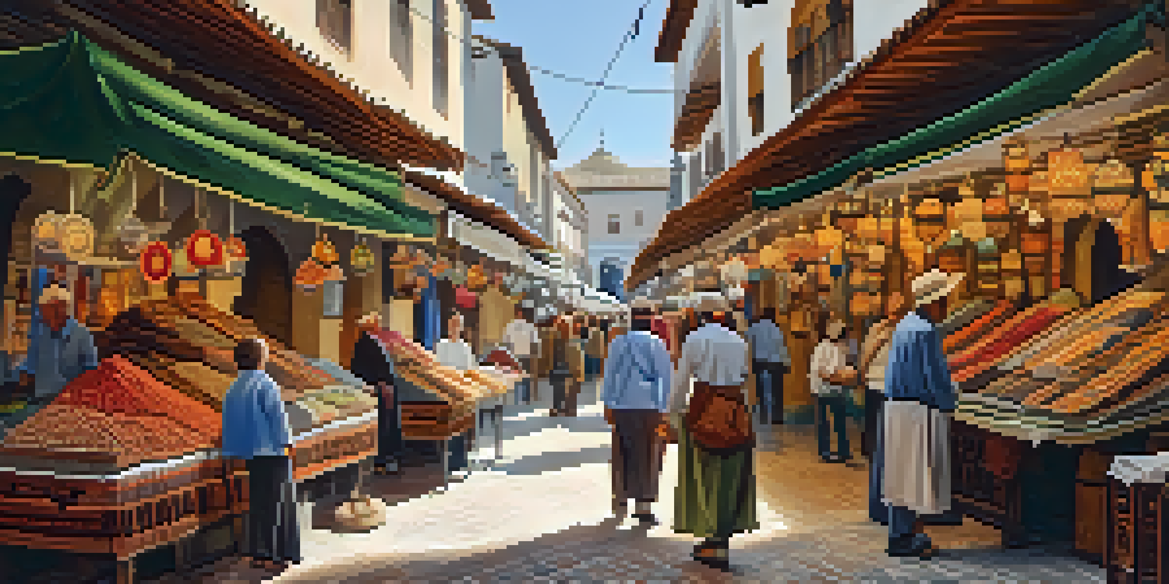 A vibrant market scene in Granada's Alcaicería, showcasing colorful stalls and Moorish architecture filled with shoppers and artisans under warm sunlight.