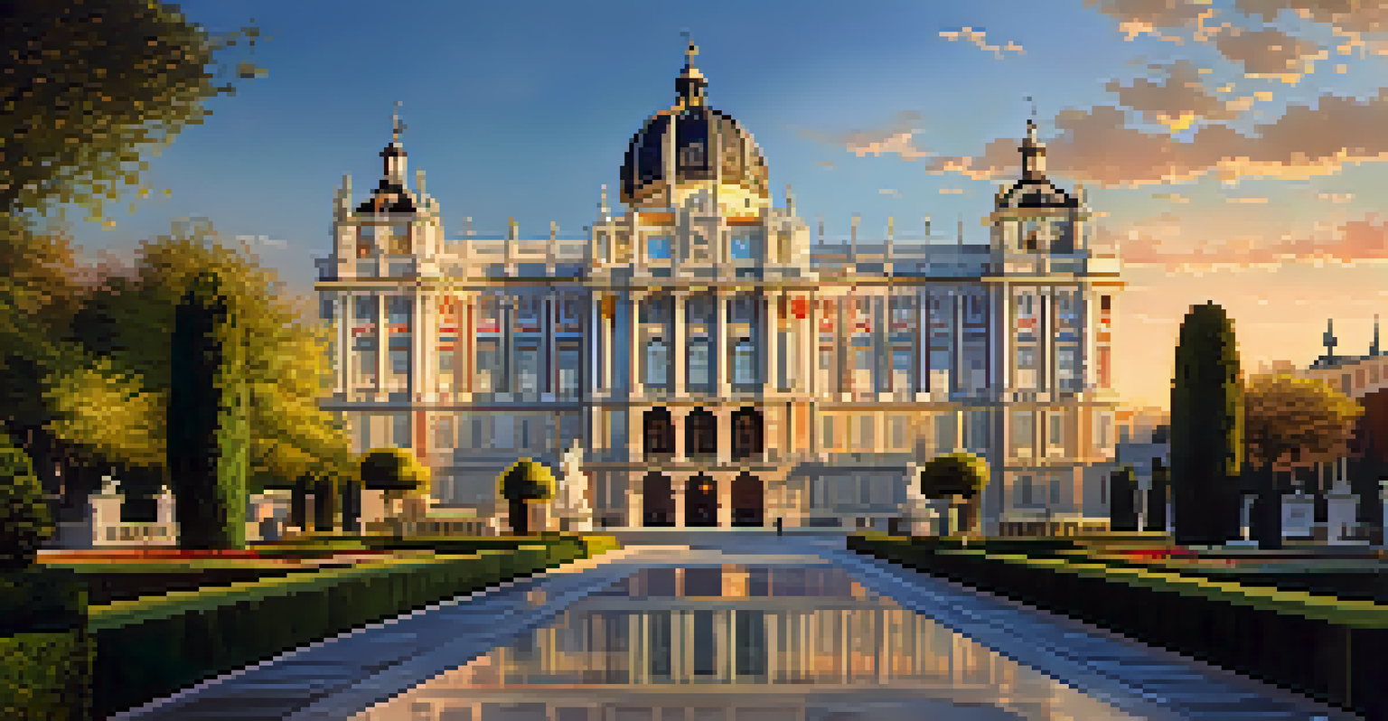 The Royal Palace of Madrid at sunset, showcasing its grand architecture and surrounding gardens bathed in warm light.