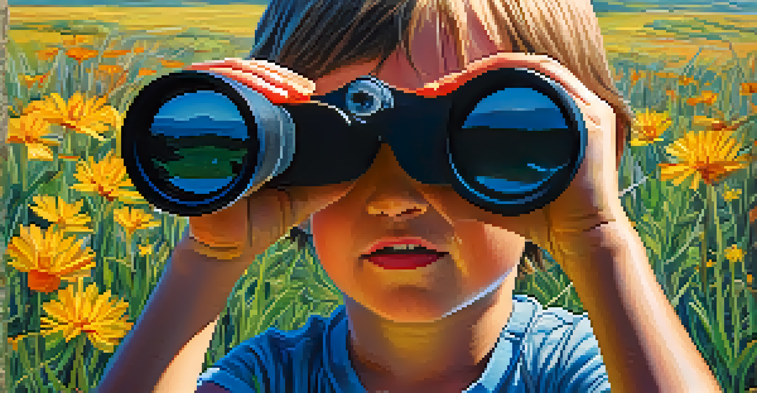 A child using binoculars to watch birds in a colorful nature setting.