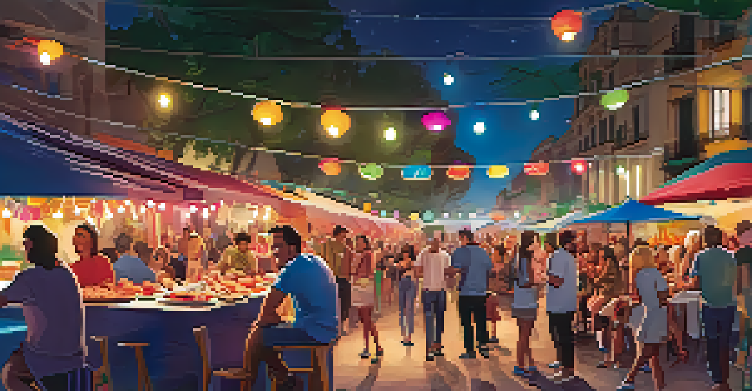 A street food festival in Valencia, with friends sharing food and colorful decorations, capturing a lively and festive atmosphere.