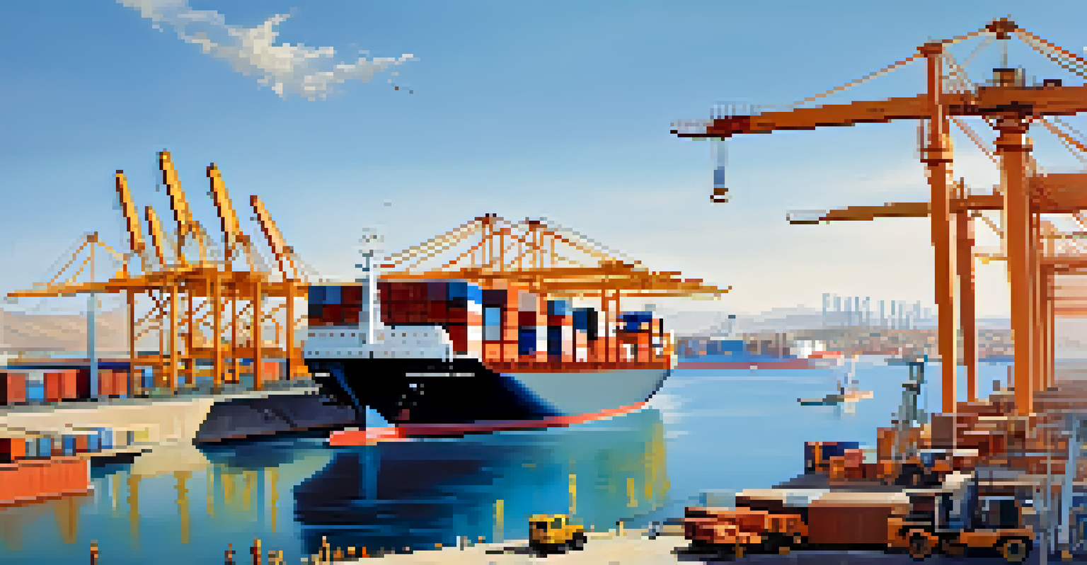 A modern Spanish port with cargo ships and cranes, under a clear blue sky.