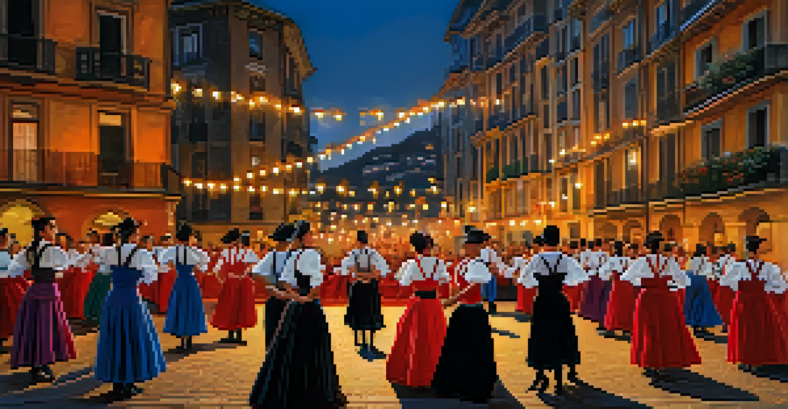 Dancers in vibrant traditional Basque costumes performing a dance in front of historic buildings during the San Sebastian Day celebrations, with evening lights illuminating the scene.