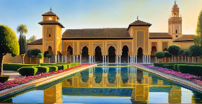 A detailed view of the Alcázar of Seville, featuring colorful tiles and a reflecting pool surrounded by lush gardens and vibrant flowers in the morning light.