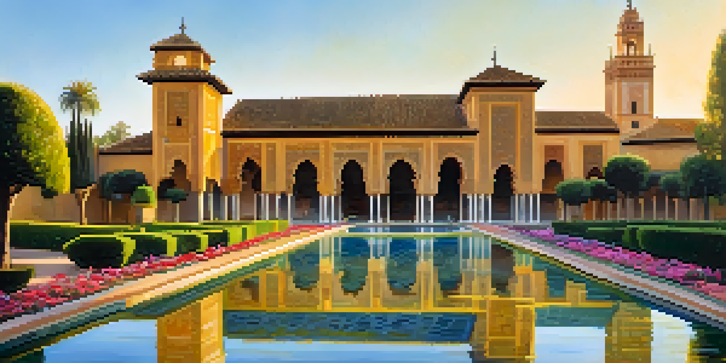 A detailed view of the Alcázar of Seville, featuring colorful tiles and a reflecting pool surrounded by lush gardens and vibrant flowers in the morning light.