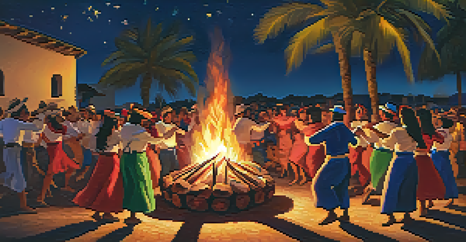 A vibrant group of people dancing around a bonfire at night during Fiesta de San Juan, surrounded by music and a festive atmosphere.