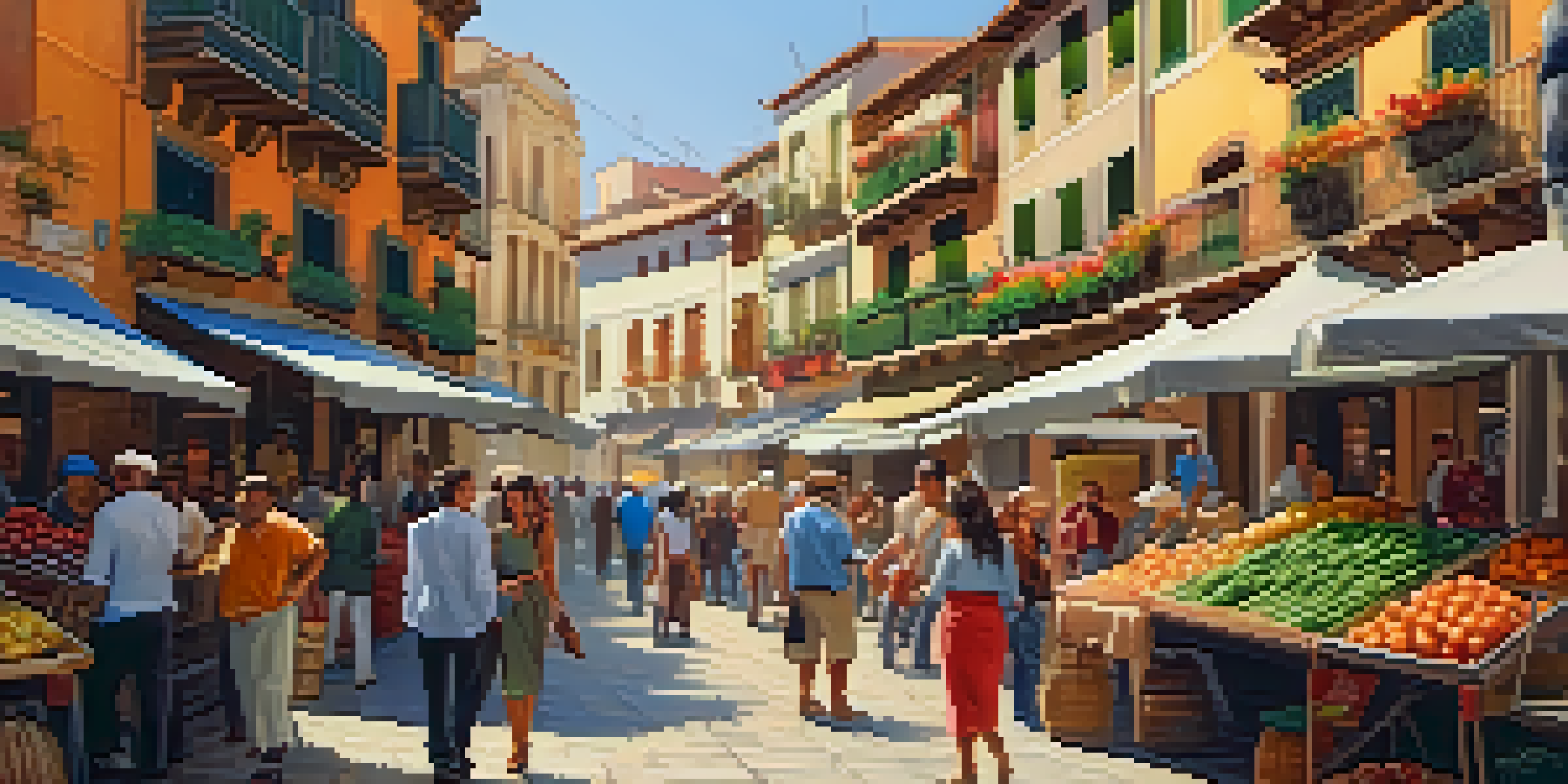 A bustling street in a colorful Spanish-speaking city with vibrant buildings and locals interacting.