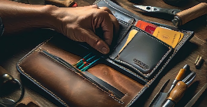 A close-up of an artisan's hands crafting a leather wallet, showcasing stitching and tools.