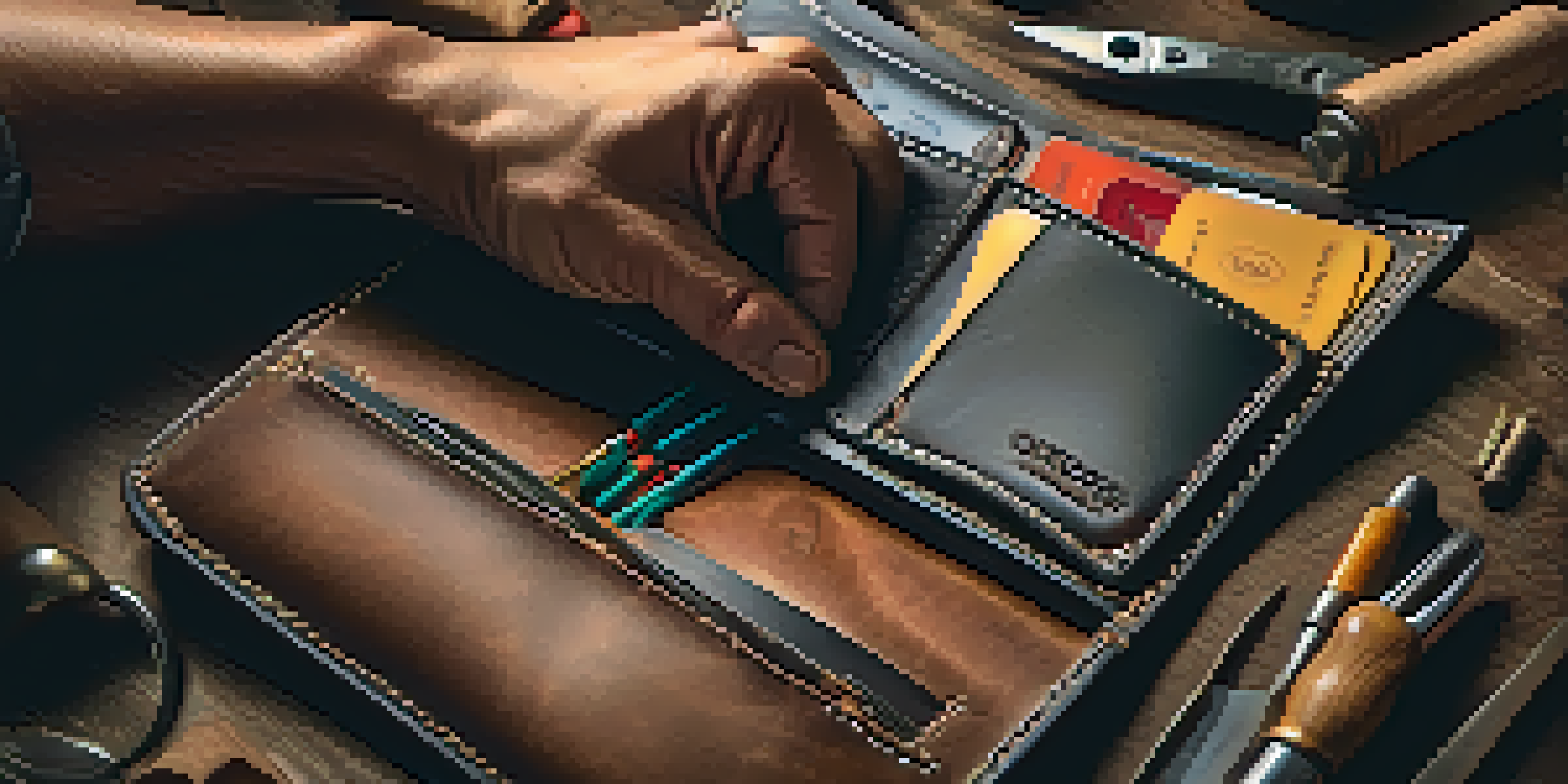 A close-up of an artisan's hands crafting a leather wallet, showcasing stitching and tools.