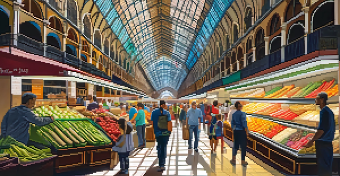 A bustling market filled with colorful food stalls and shoppers, highlighting the vibrant atmosphere of Mercado Central in Valencia.