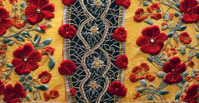 A detailed close-up of an embroidered flamenco dress featuring floral designs in bright colors.