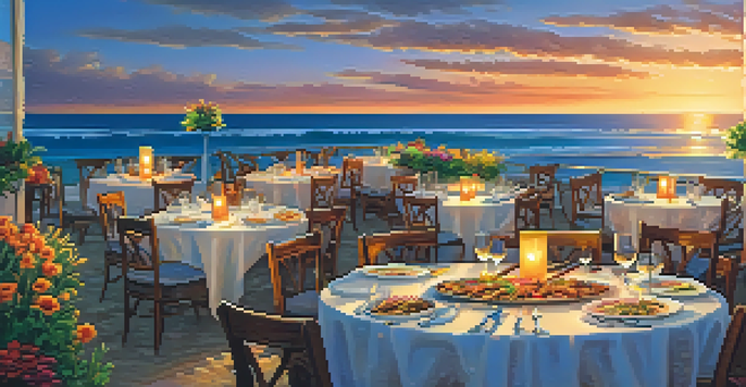A beautiful beachfront dining scene at sunset with a table set for a meal, featuring paella and grilled sardines, surrounded by friends with ocean waves in the background.