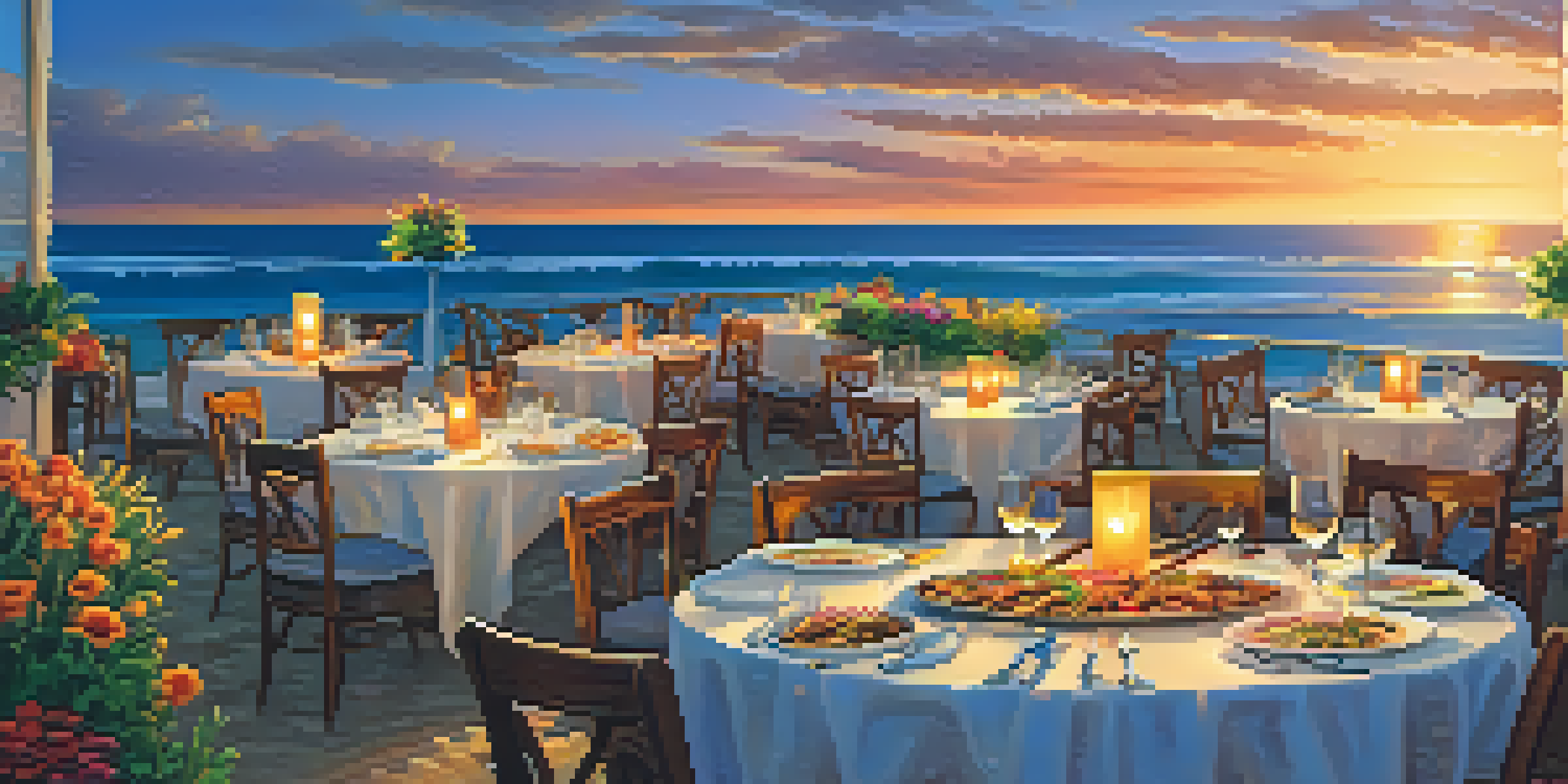 A beautiful beachfront dining scene at sunset with a table set for a meal, featuring paella and grilled sardines, surrounded by friends with ocean waves in the background.