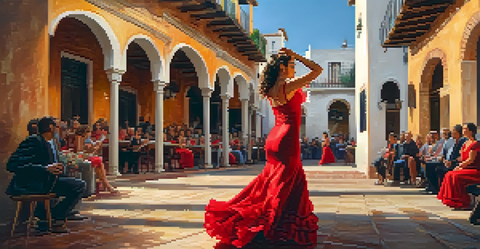 A flamenco dancer in a red dress performing in a traditional courtyard, with warm lighting and an audience in the background.