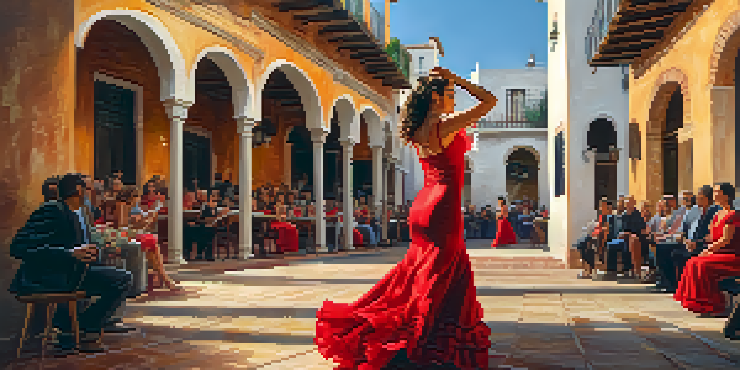 A flamenco dancer in a red dress performing in a traditional courtyard, with warm lighting and an audience in the background.