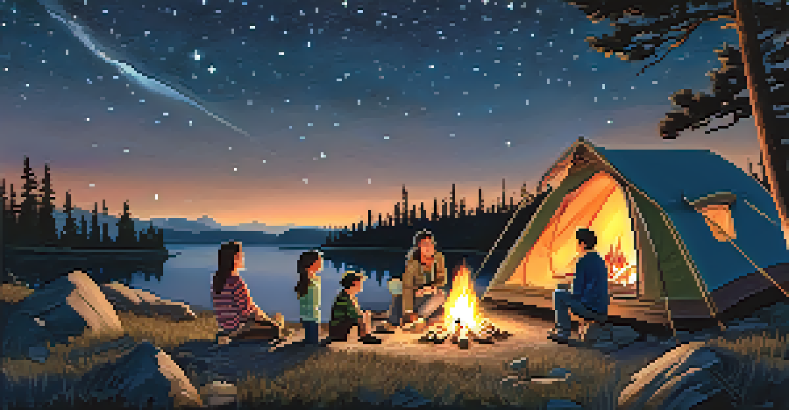 A family camping under a starry sky, gathered around a campfire with a tent nearby.