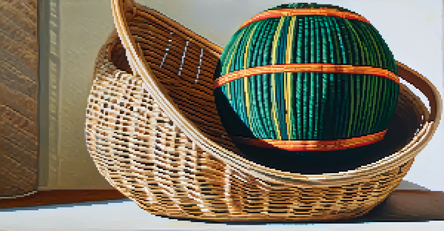 A close-up of a Jai Alai 'cesta' basket, highlighting its intricate weaving and the Pelota ball beside it, with a softly blurred background.