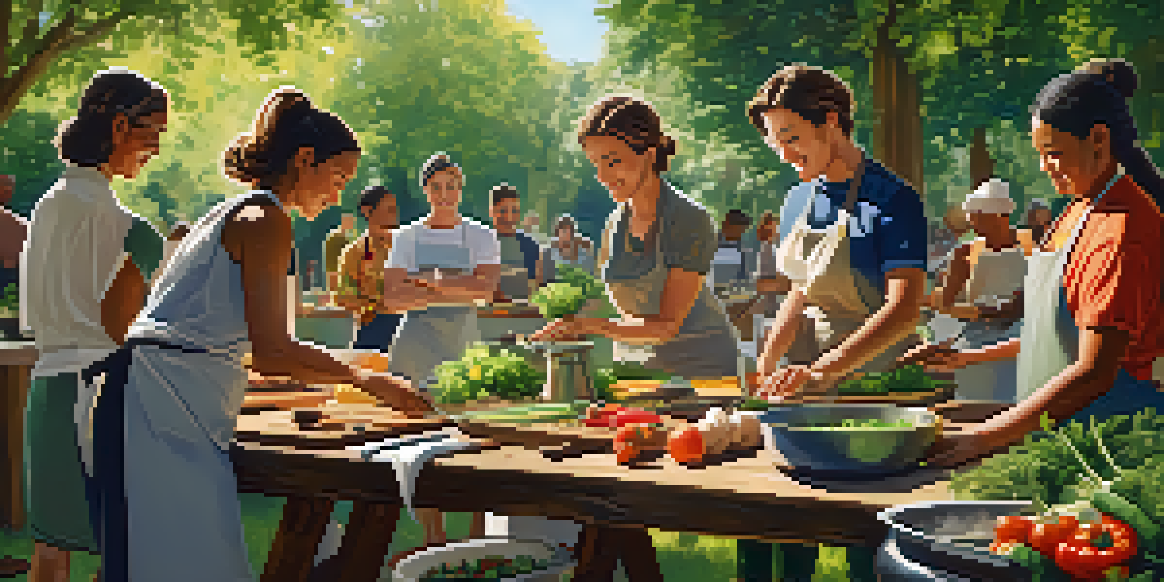 A group of diverse people cooking outdoors in a park, surrounded by greenery and sunlight, with fresh vegetables on wooden tables.