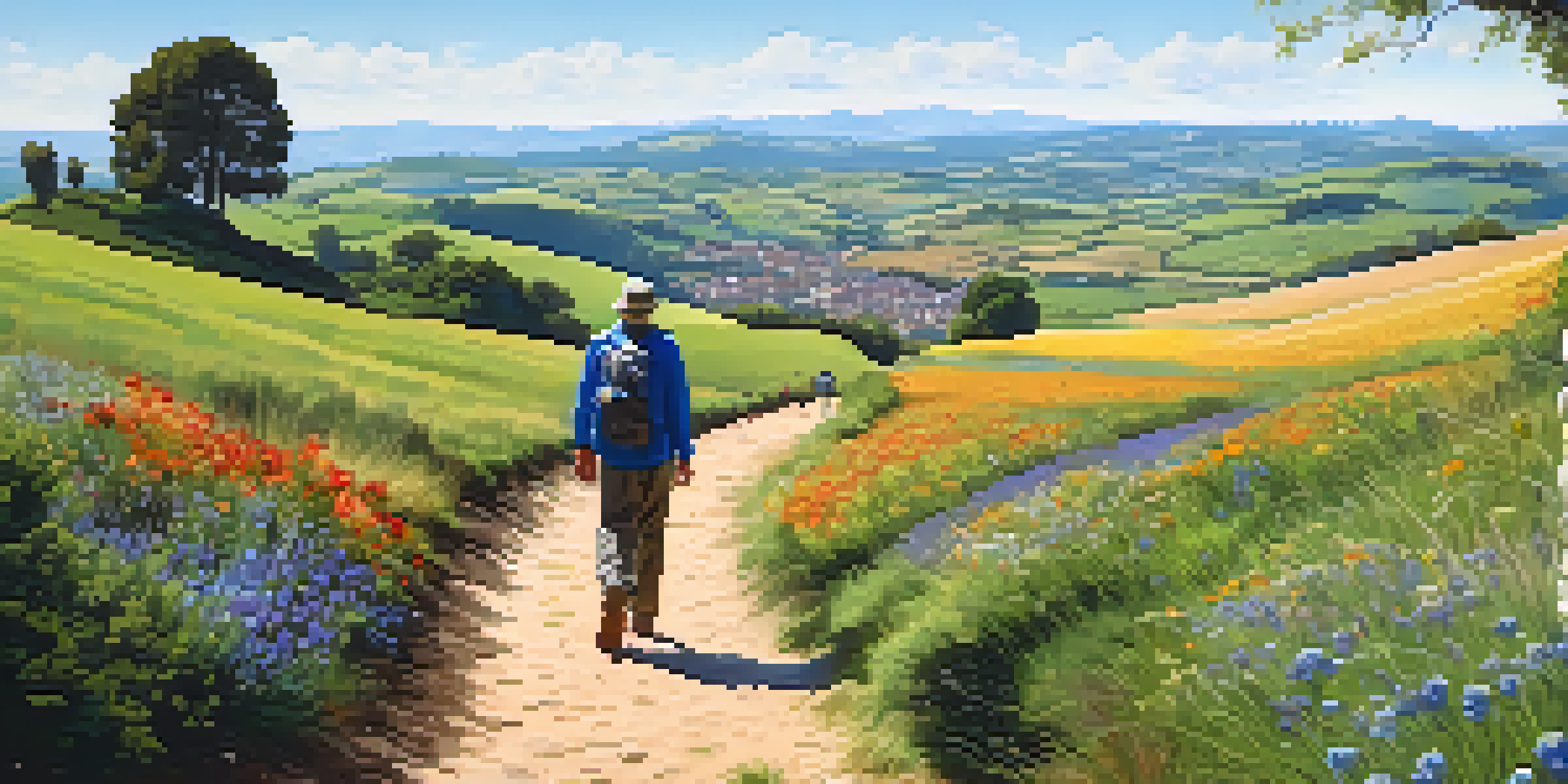 A scenic view of the Camino de Santiago with a pilgrim walking along a dirt path surrounded by green hills and wildflowers, ancient churches in the background.