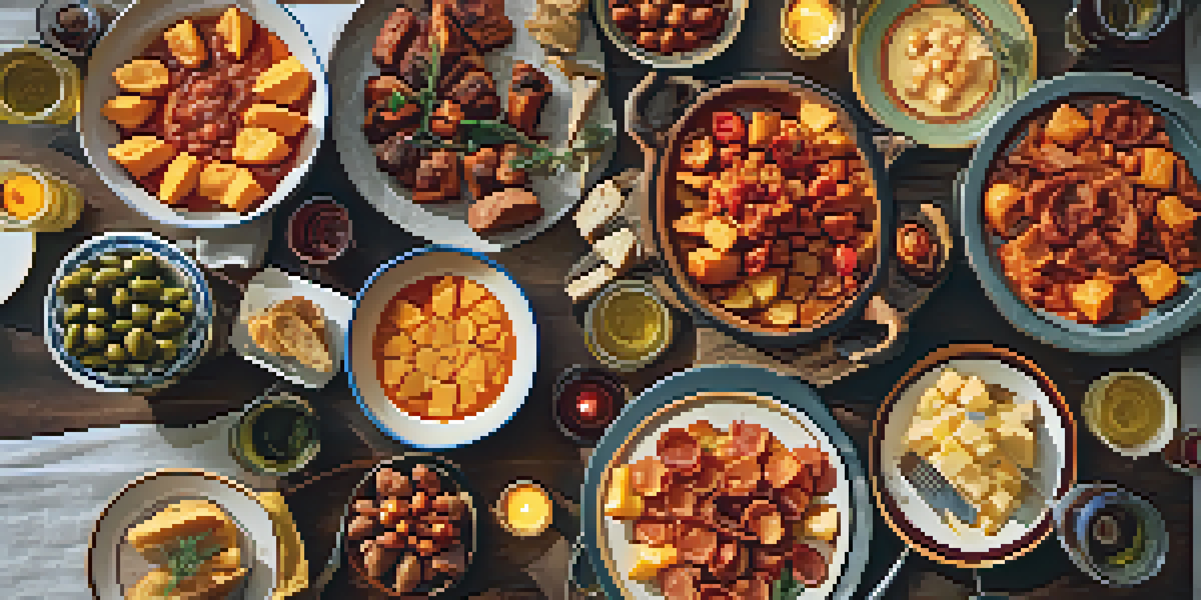 A table elegantly set with a variety of Spanish tapas, including patatas bravas and chorizo, with rustic pottery and soft candlelight.