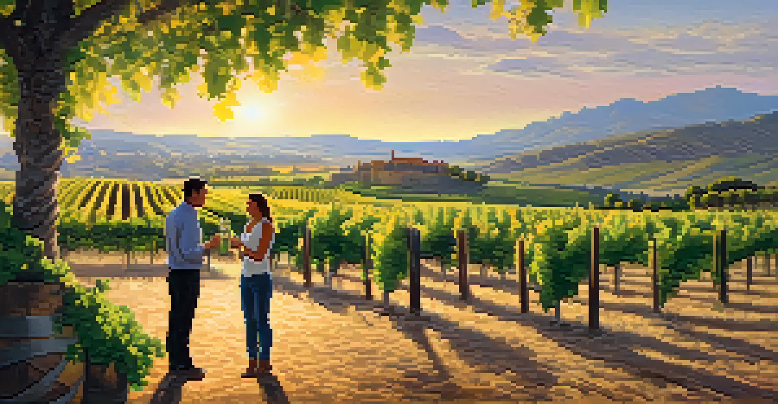 A scenic vineyard in La Rioja during sunset, with a couple enjoying a wine tasting amidst lush grapevines and wooden barrels.