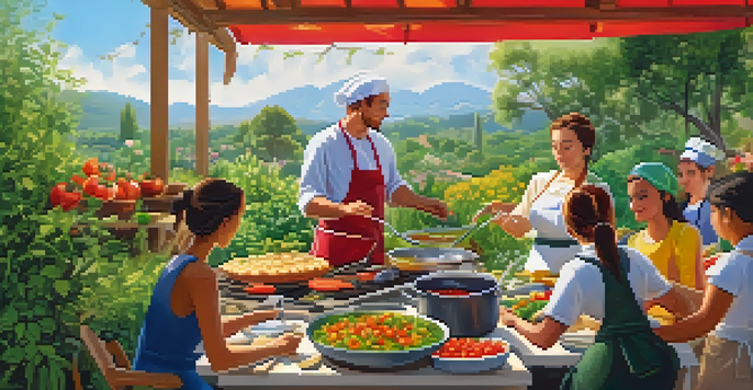 A diverse group of people participates in an outdoor cooking class in a lush garden, with a chef demonstrating sautéing vegetables over an open flame.