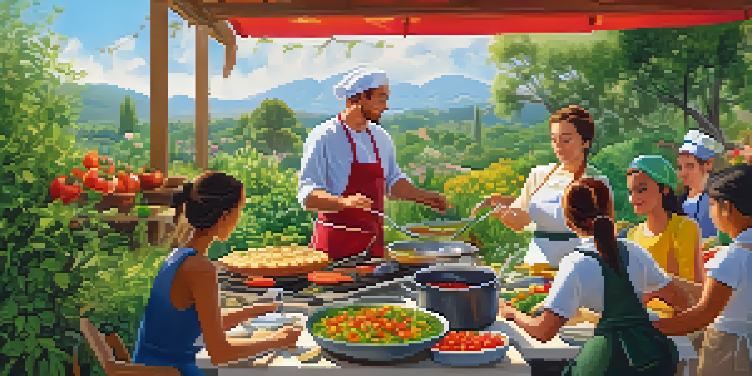 A diverse group of people participates in an outdoor cooking class in a lush garden, with a chef demonstrating sautéing vegetables over an open flame.
