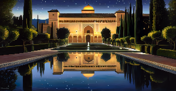 Night view of the Alhambra in Granada, Spain, with illuminated architecture reflecting in a pool under a starry sky.