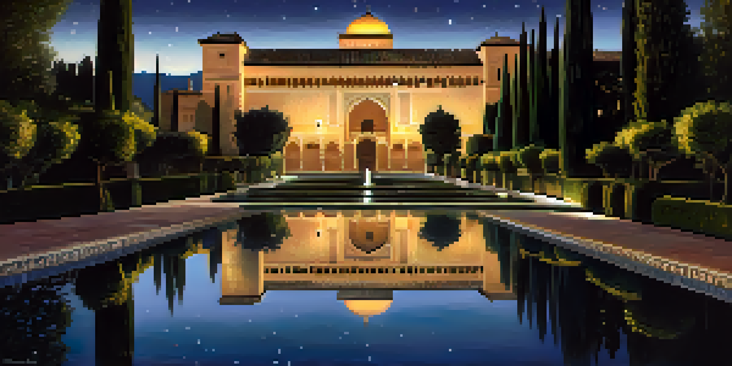 Night view of the Alhambra in Granada, Spain, with illuminated architecture reflecting in a pool under a starry sky.