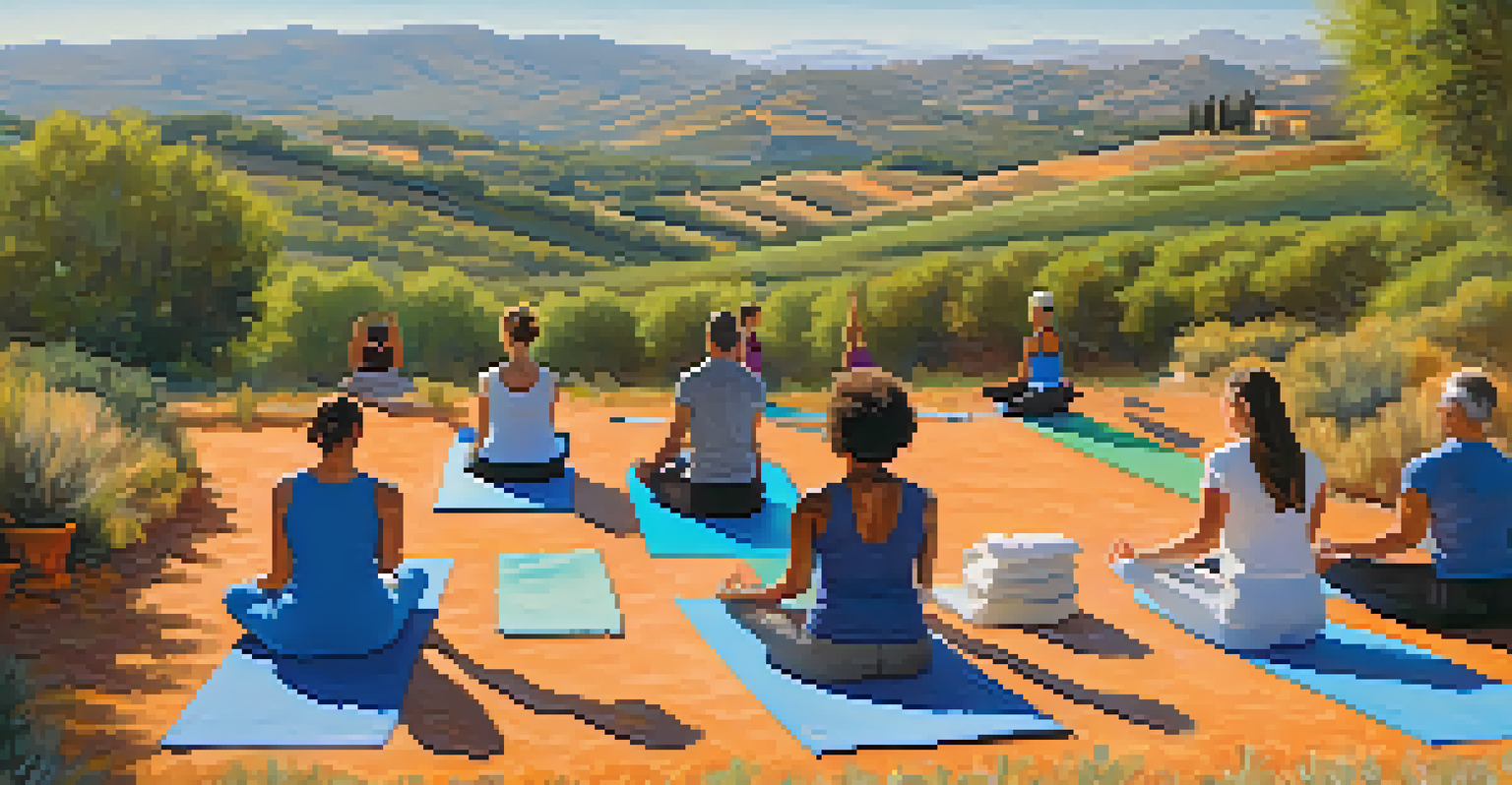 Participants practicing yoga outdoors in the Andalusian countryside, surrounded by hills and olive groves under a clear blue sky.