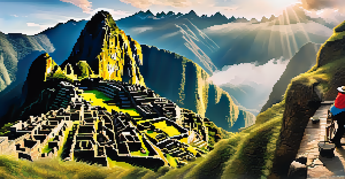 Travelers exploring an archaeological site at Machu Picchu with misty mountains in the background.
