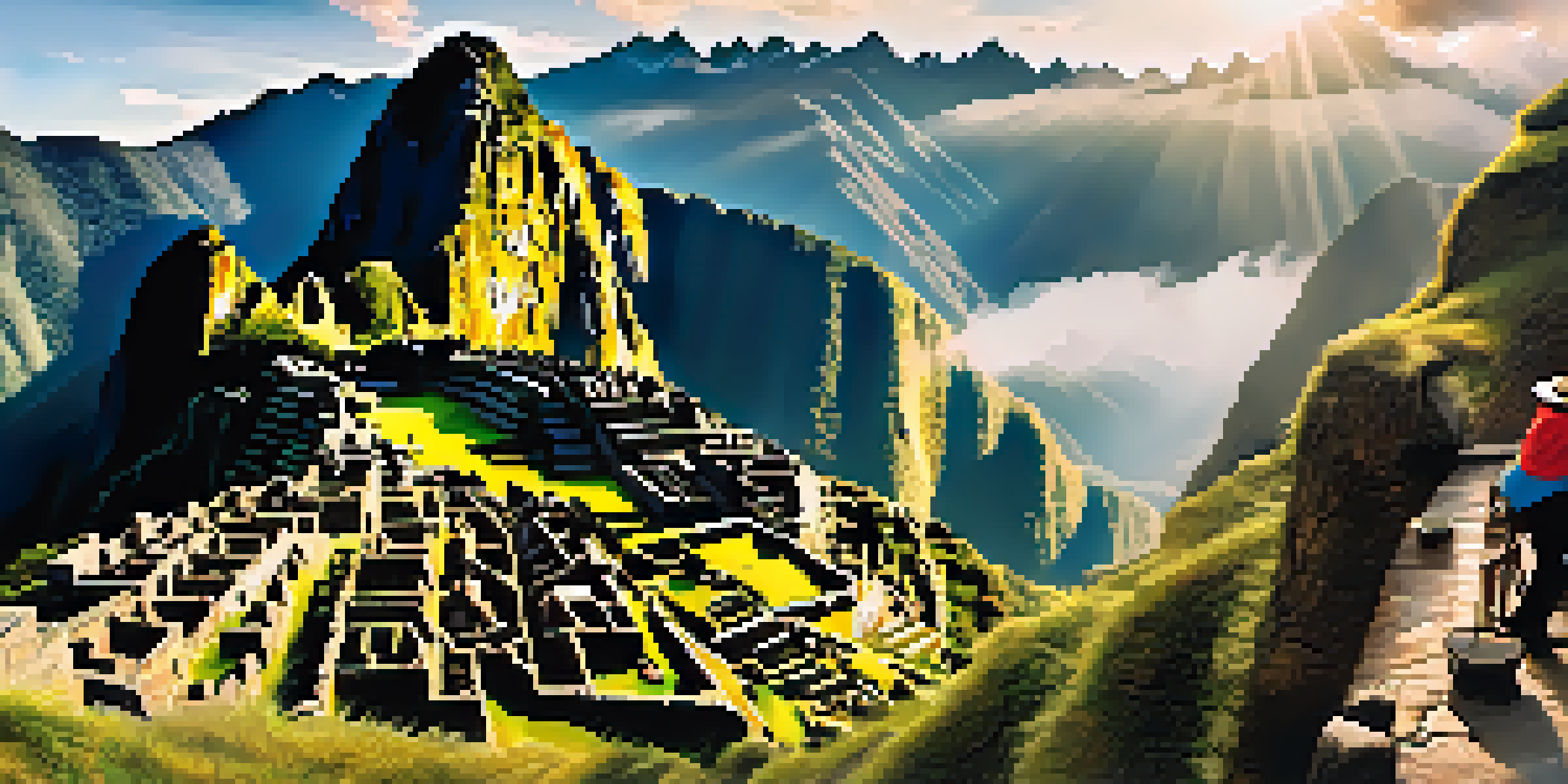 Travelers exploring an archaeological site at Machu Picchu with misty mountains in the background.