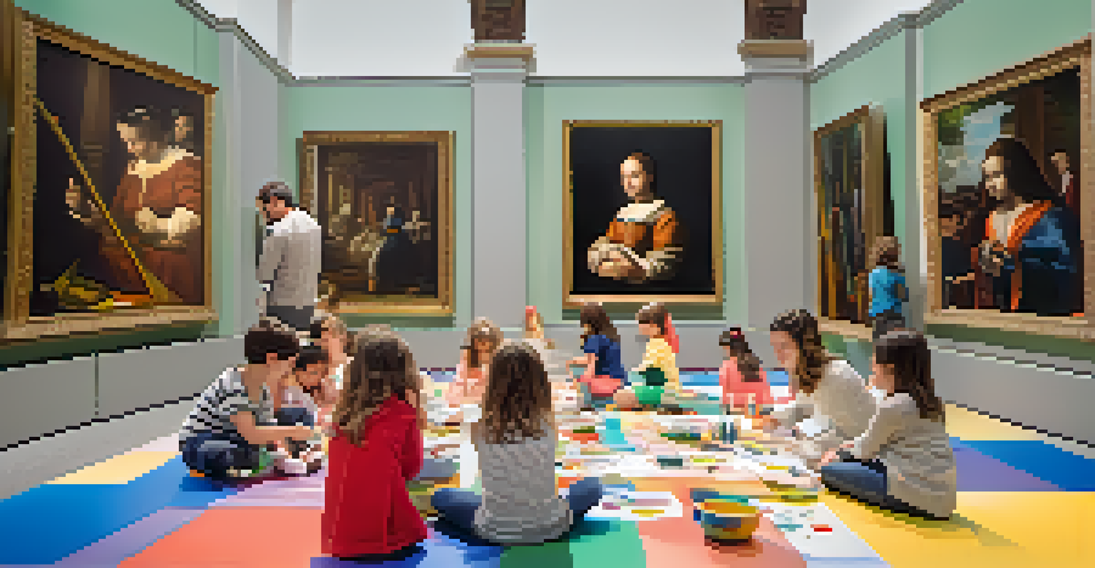 Children and parents participating in an art workshop at the Museo del Prado, surrounded by art supplies and colorful paintings.