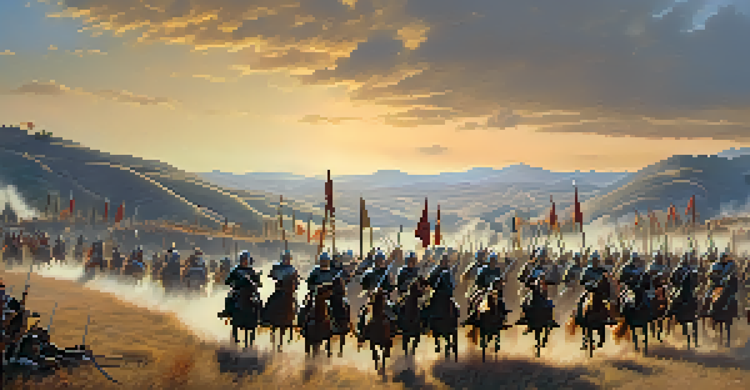 A panoramic view of the Battle of Las Navas de Tolosa reenactment with warriors and a dramatic sunset in the background.