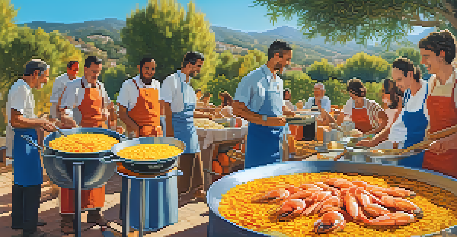 A group of friends enjoying a traditional Valencian paella outdoors, with bright saffron rice and seafood in a large pan, surrounded by orange trees.