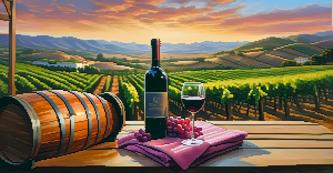 A beautiful vineyard at sunset with rows of grapevines, a wooden wine barrel, and a glass of red wine on a table.