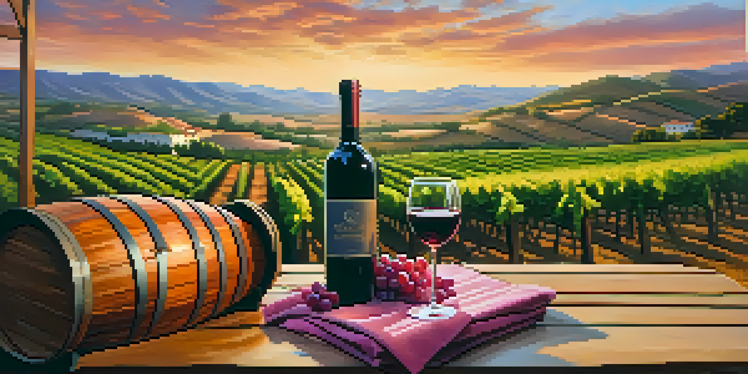 A beautiful vineyard at sunset with rows of grapevines, a wooden wine barrel, and a glass of red wine on a table.