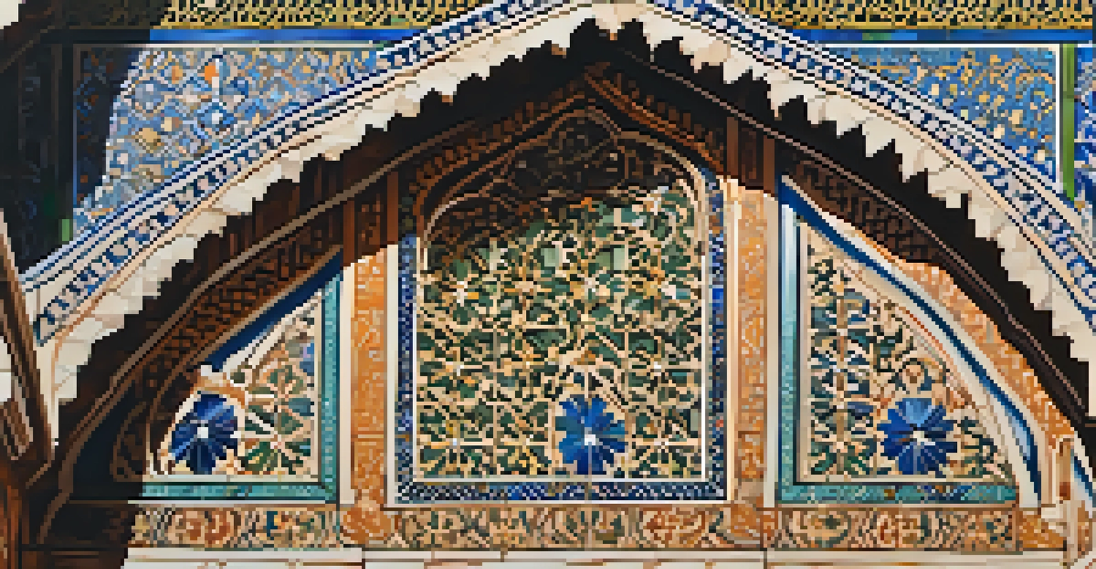 Detailed view of colorful tile work on the Alhambra, showcasing geometric patterns and textures in sunlight.