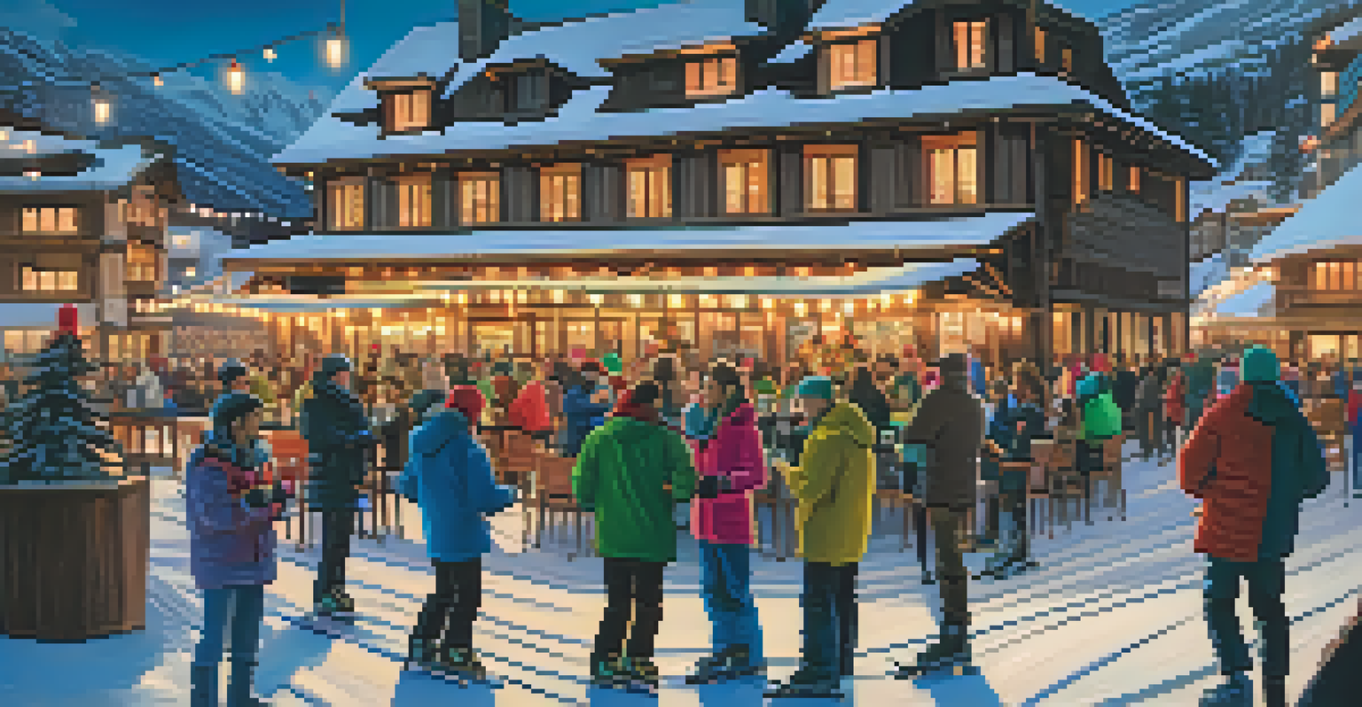 An après-ski scene at Formigal Ski Resort with young skiers on a terrace and colorful lights in the background during sunset.