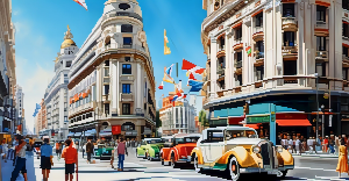 A busy street in Madrid's Gran Via featuring Art Deco buildings, people walking, and colorful flags.