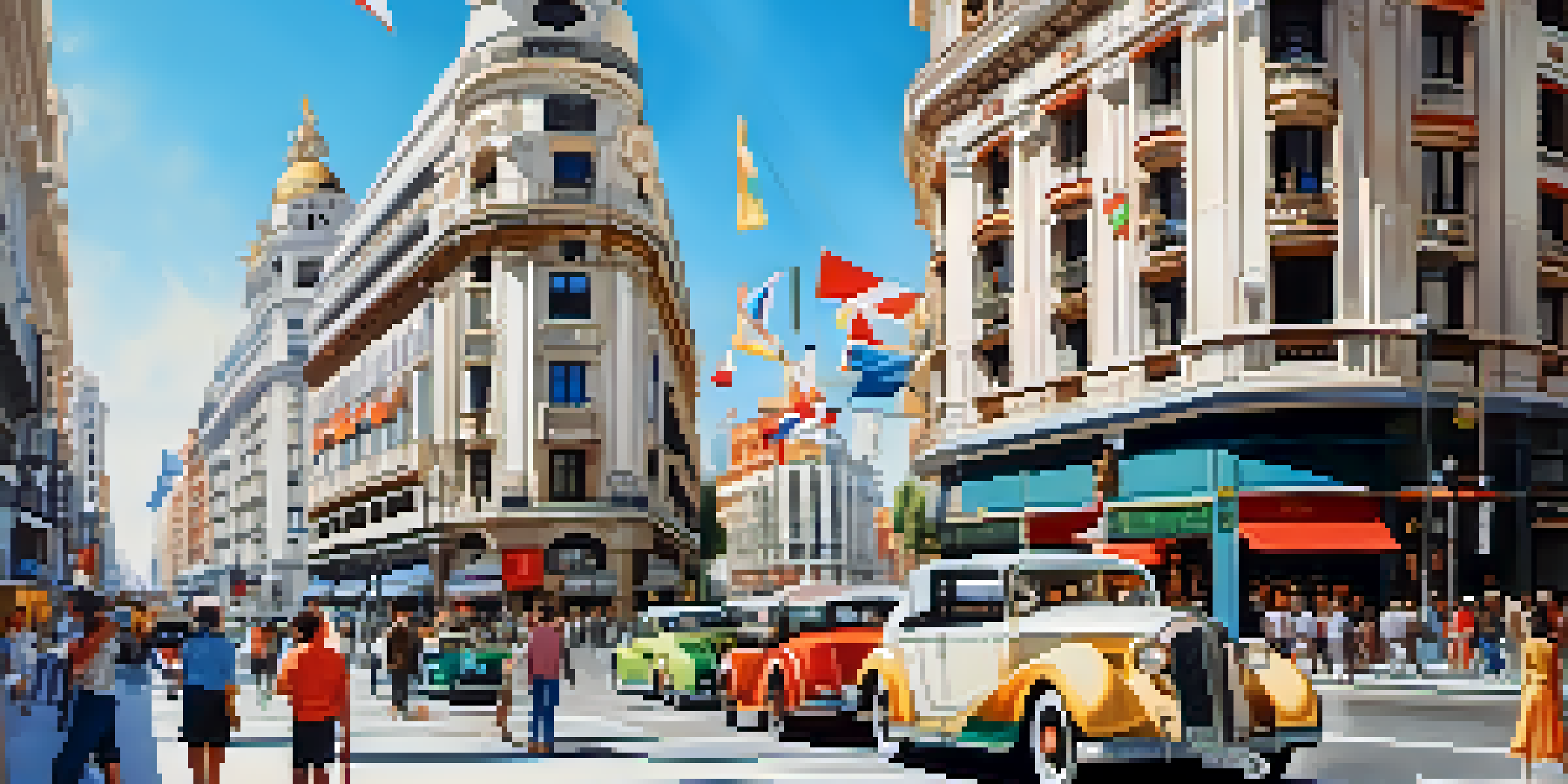 A busy street in Madrid's Gran Via featuring Art Deco buildings, people walking, and colorful flags.